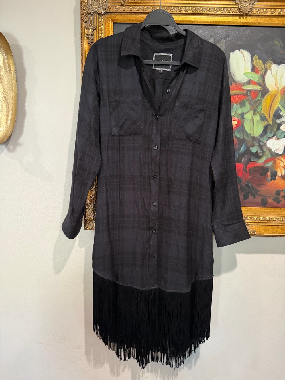 Rails Black Long-Sleeve Fringe Hem Shirt Dress